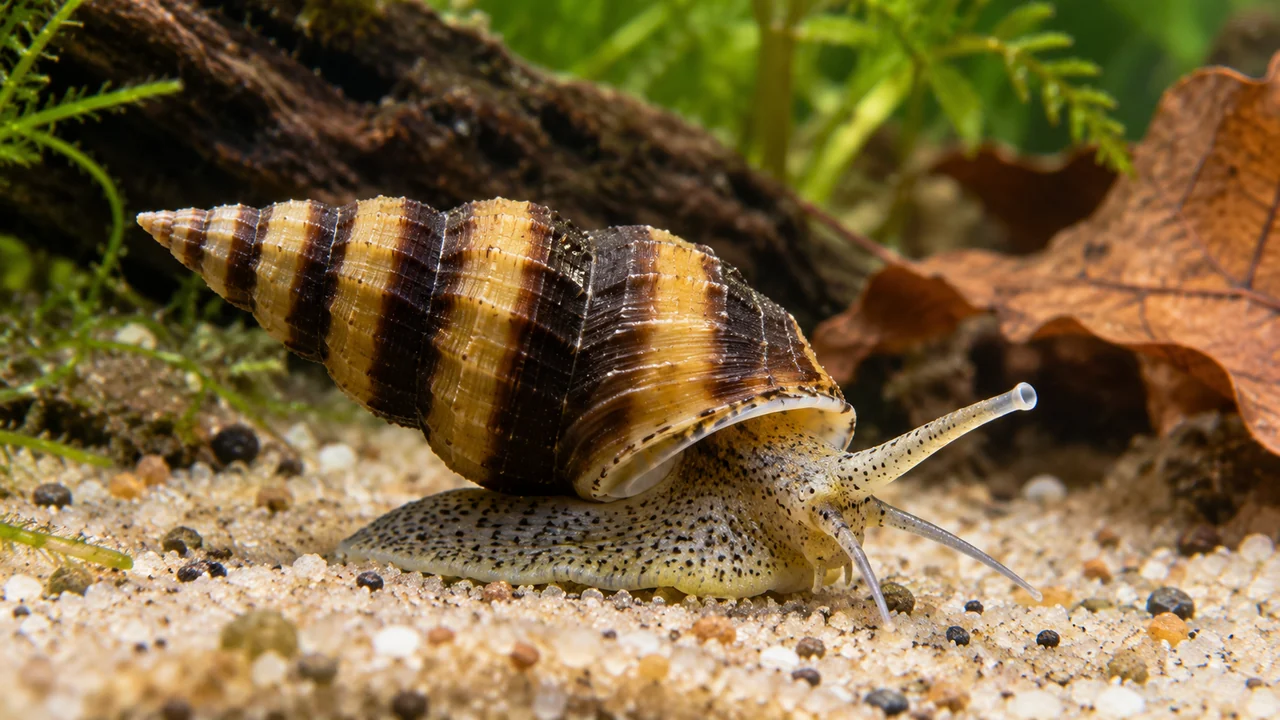Anentome helena trade-form assassin snail with a ribbed yellow-brown banded conical shell and extended siphon.
