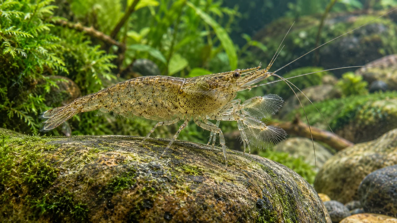 Atyoida pilipes with delicate feeding fans above a rounded stone in a flowing planted aquarium.