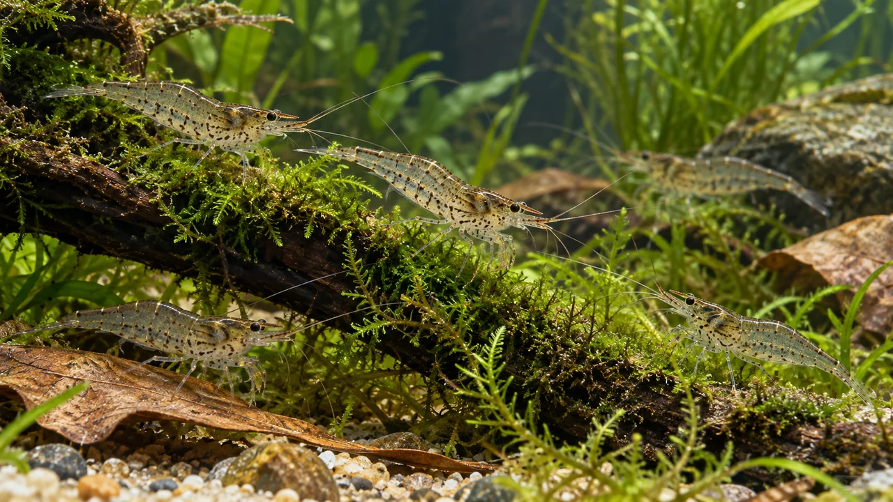 Translucent Australian freshwater shrimp collecting food on moss, wood and leaves in a planted aquarium.
