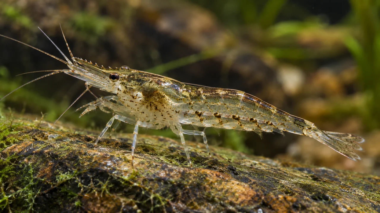 Transparent Paratya australiensis using small setose collecting chelae on a plant leaf.