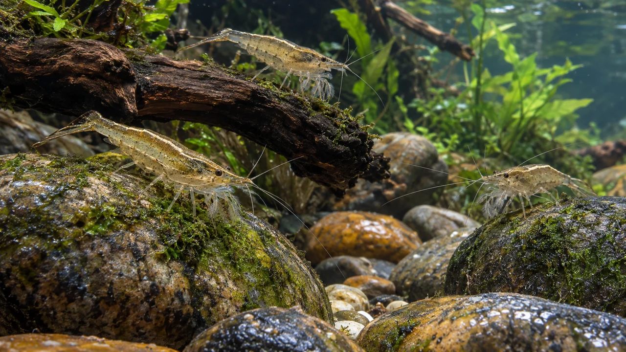 Several Australian Riffle Shrimp at separate wood and stone perches in a clear stream-style aquarium.