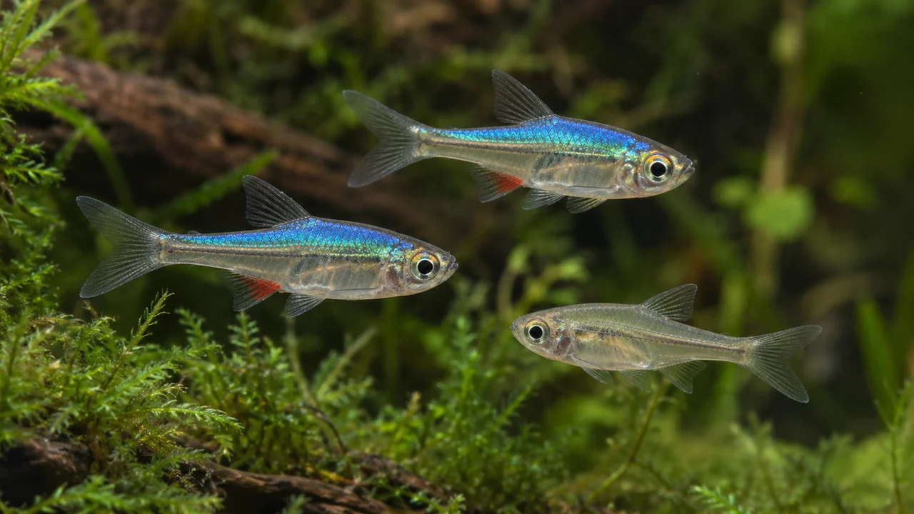 Small Sundadanio with blue-green upper-body sheen, transparent lower bodies and red anterior anal-fin patches on the males.