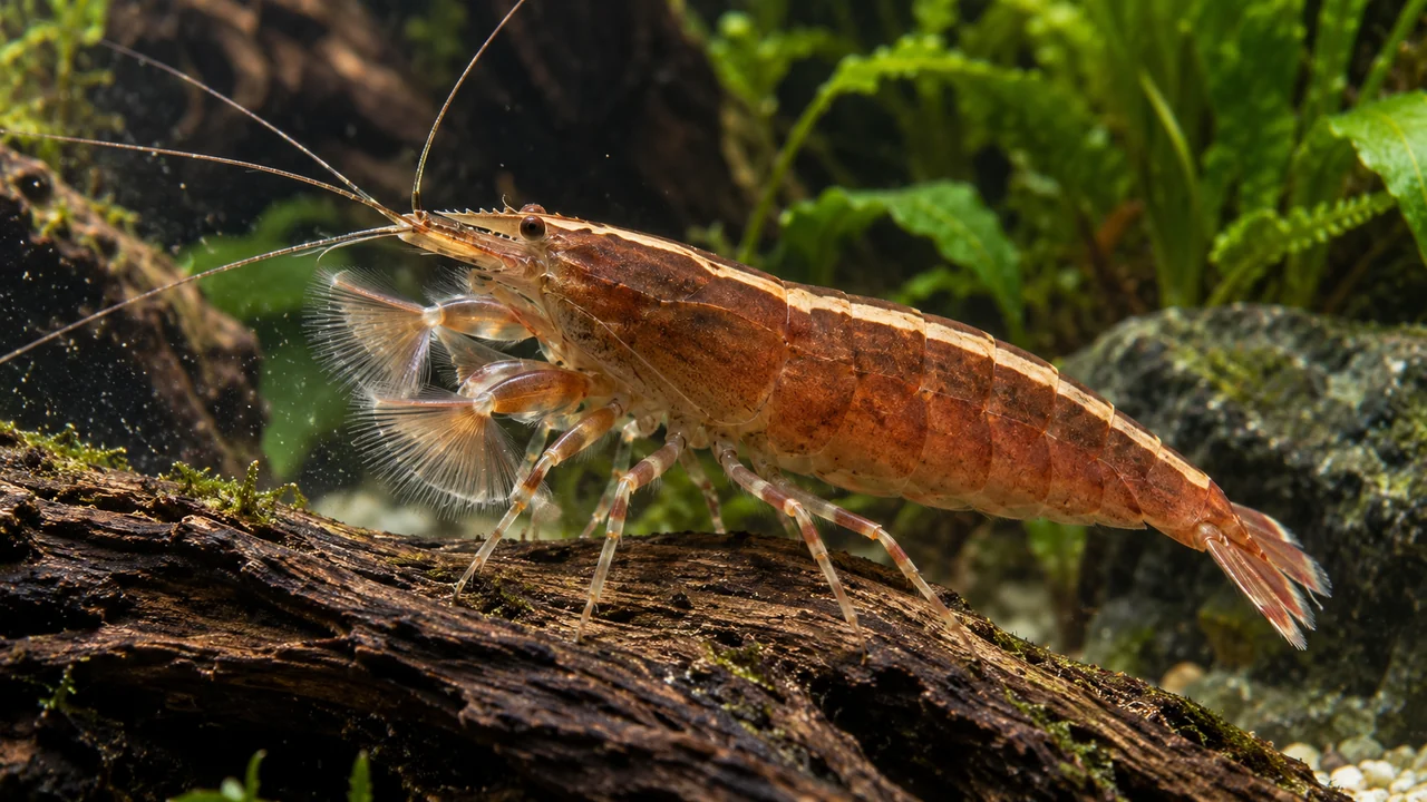 Bamboo Shrimp holding feathery feeding fans into the current while gripping aged wood with its walking legs.
