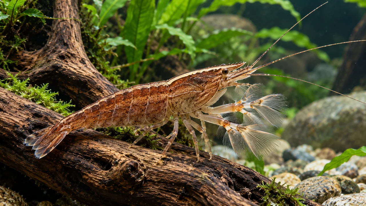 Bamboo Shrimp showing its identifying shape and markings in a suitable aquarium setting.