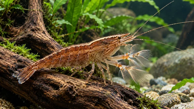 Bamboo Shrimp showing its identifying shape and markings in a suitable aquarium setting.