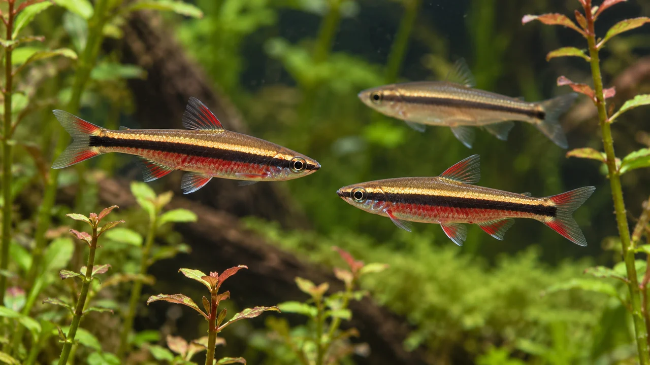 A colourful male Beckford’s pencilfish displaying near another male, with a paler fish behind.