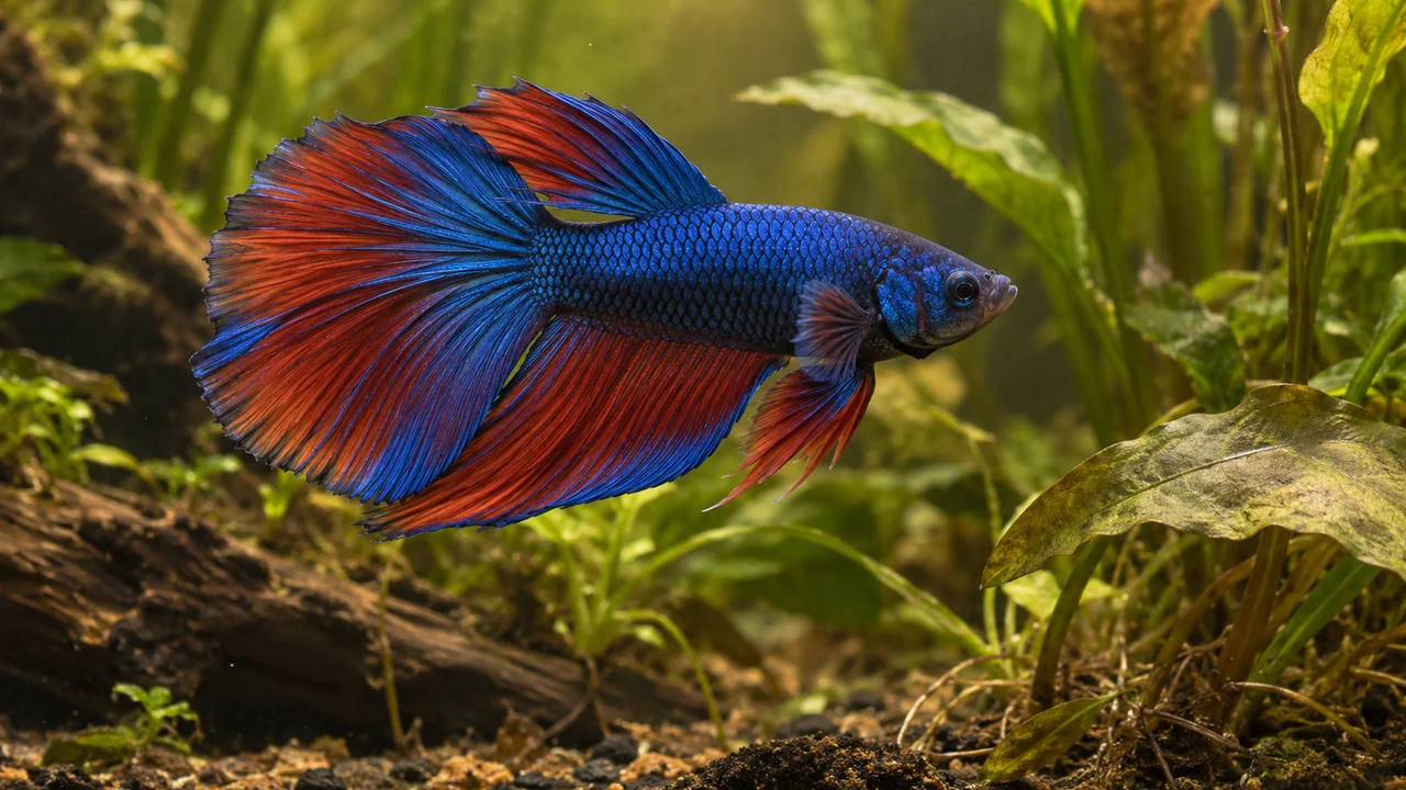 Betta splendens with blue and copper fins swimming beside aquatic plants and fine roots.