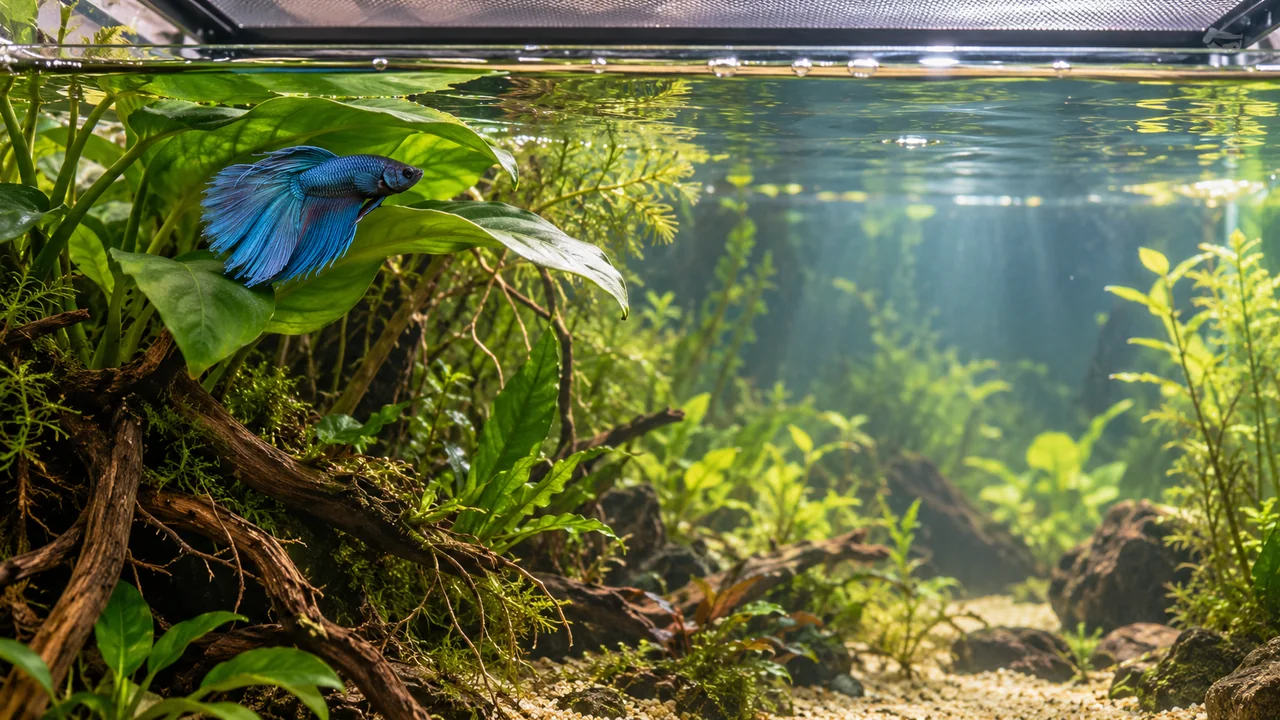 A blue Betta beside broad leaves below the surface, with planted shelter and a clear route through open water.