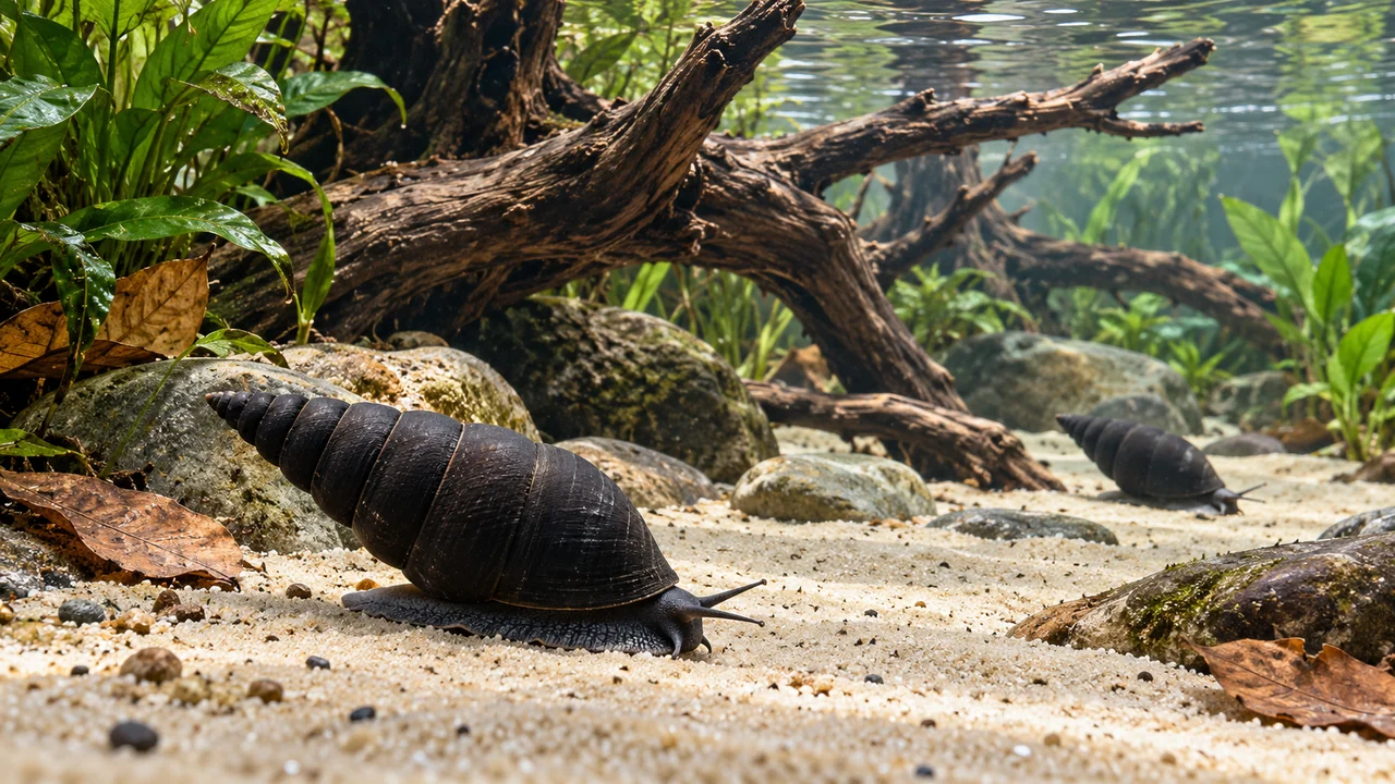 Two Black Devil Snails on open sand among low stones, sparse planting and broad wood.