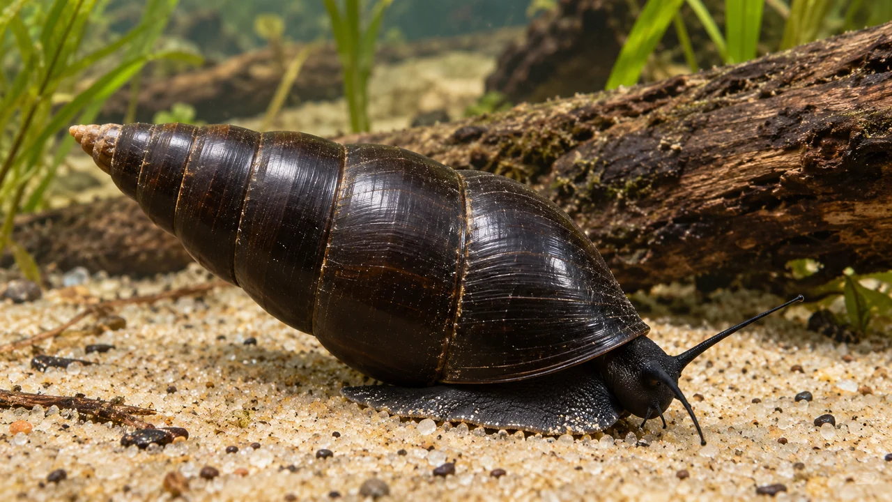 Smooth dark conical Faunus ater with a dark foot moving across fine aquarium sand.