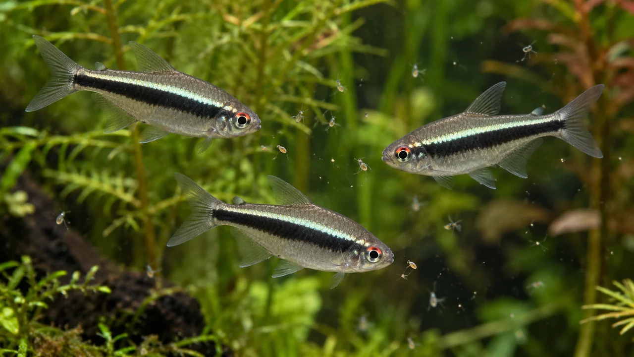 Black neon tetras taking small suspended foods beside aquatic stems.