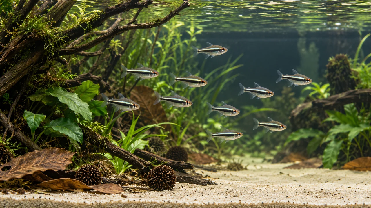 Black Neon Tetra in a spacious aquarium with branchwork, planting, sparse leaf litter and open water.