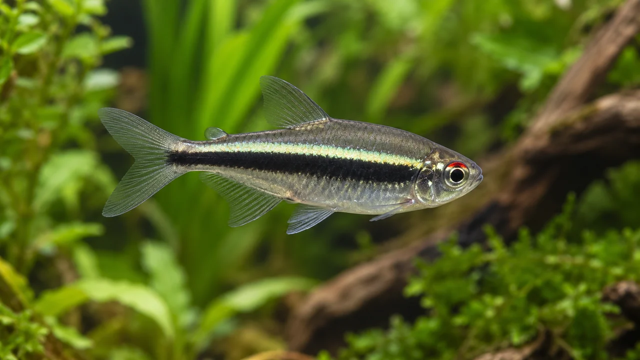 Black Neon Tetra showing its natural body shape and identifying markings beside aquarium planting.