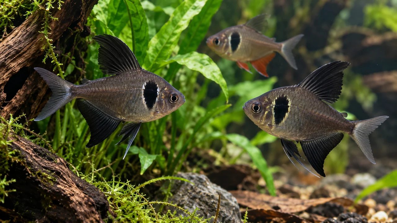 Male black phantom tetras displaying dark fins with a female behind them.