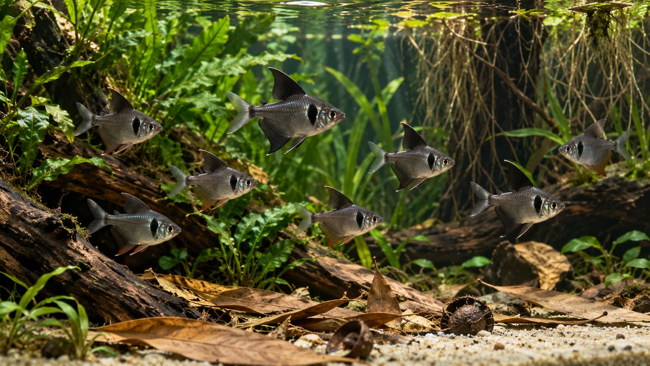 Black Phantom Tetra in a spacious aquarium with branchwork, planting, sparse leaf litter and open water.