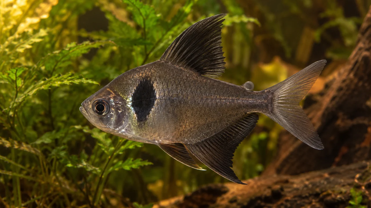 Black Phantom Tetra showing its natural body shape and identifying markings beside aquarium planting.