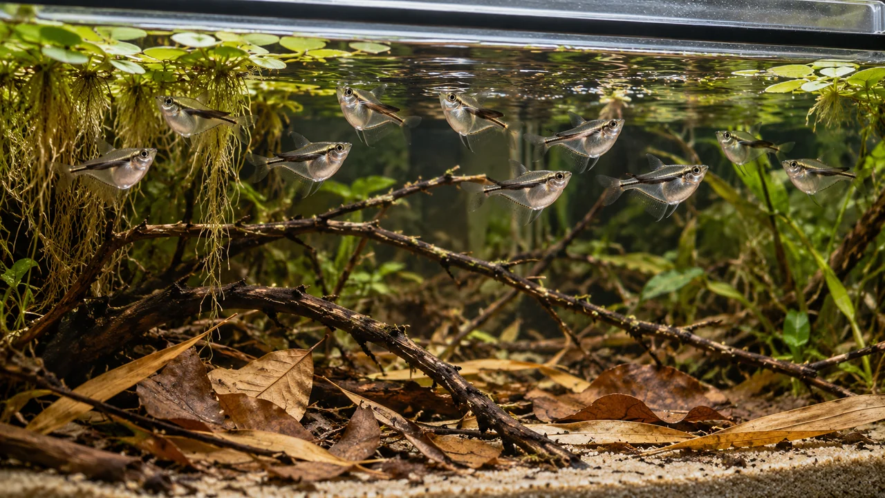 Blackwing Hatchetfish in a structured aquarium with suitable cover, open water and maintenance access.