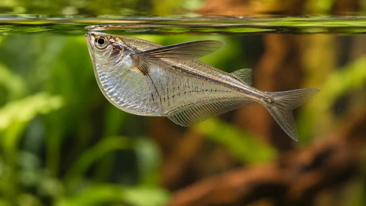 Blackwing Hatchetfish showing its identifying shape and markings in a suitable aquarium setting.