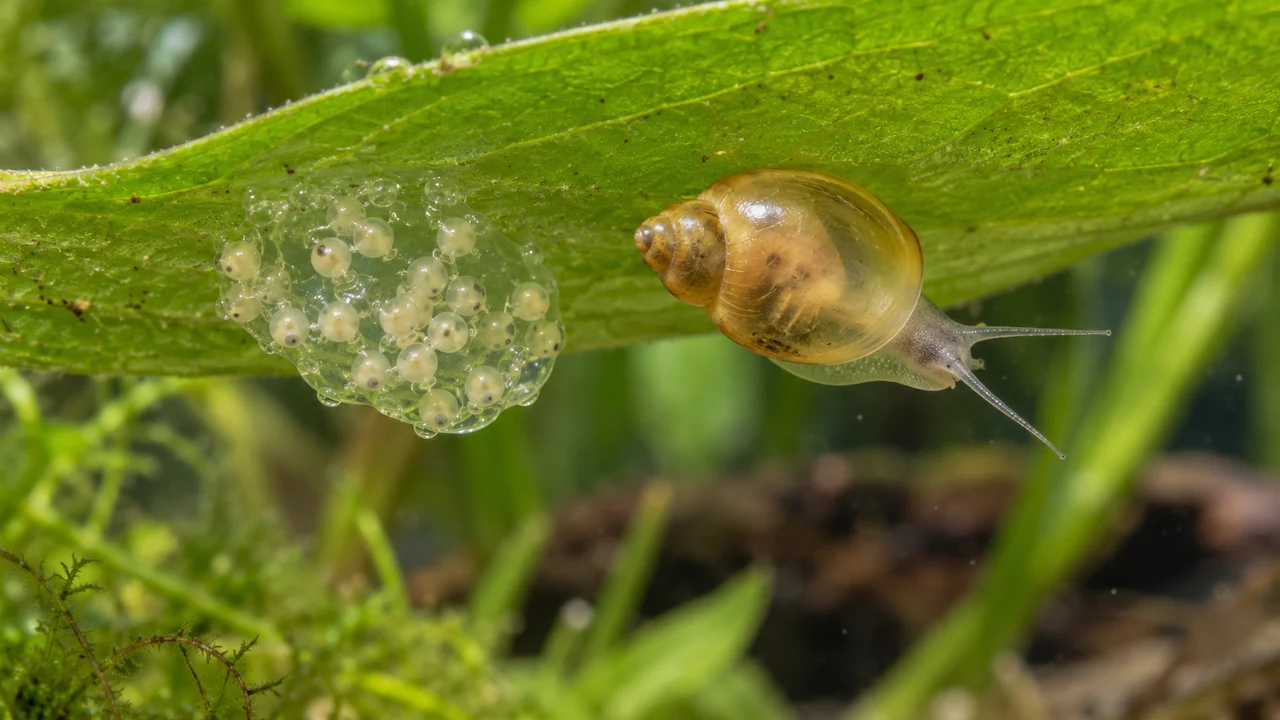 A submerged gelatinous bladder-snail egg mass beneath a green leaf beside a small amber snail.