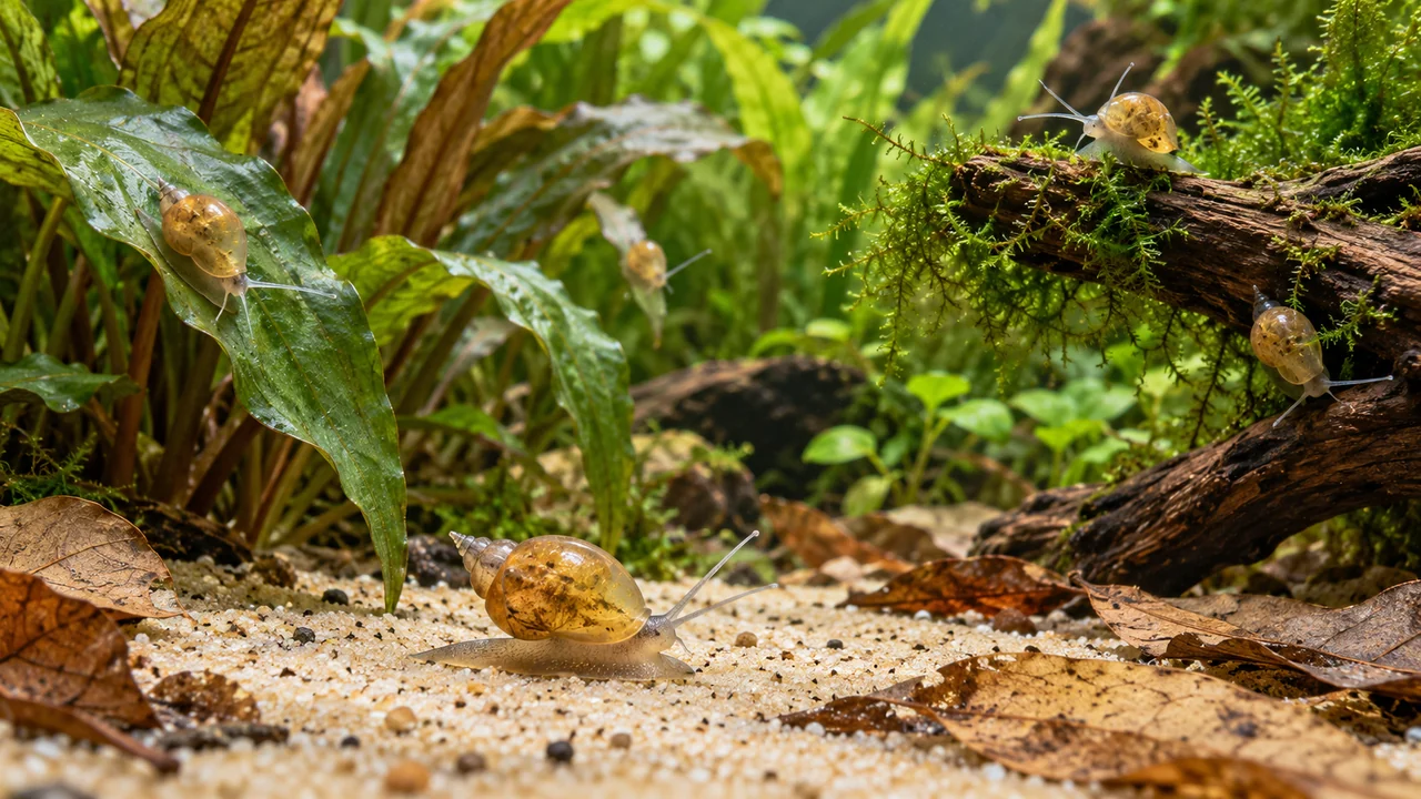 Tiny amber bladder snails among green plants, wood and a light scatter of leaves in a clear aquarium.