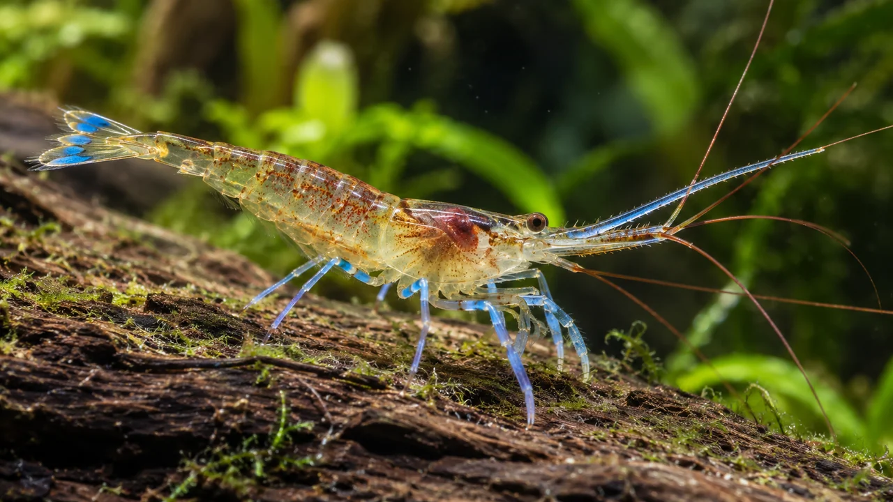 Translucent Blue Leg Poso shrimp showing blue legs, an elongated blue rostrum and reddish antennae.