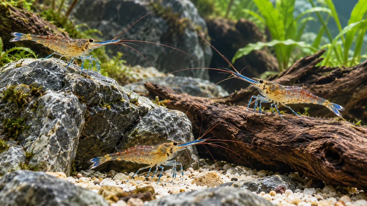 Blue Leg Poso shrimp occupying separate rock and aged-wood surfaces in a clear lake-style aquarium.