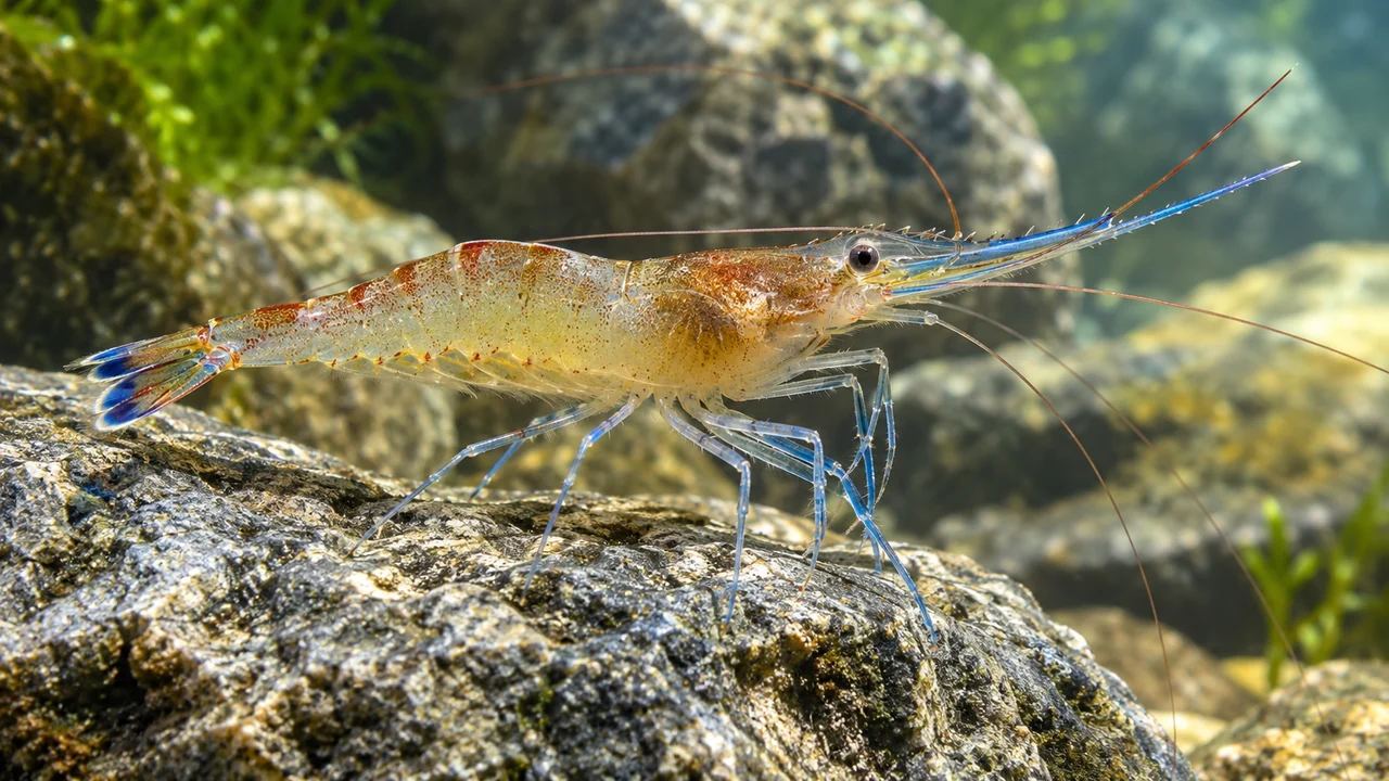 Translucent Blue Leg Poso shrimp with blue legs and rostrum, reddish antennae and a blue-patterned tail fan.