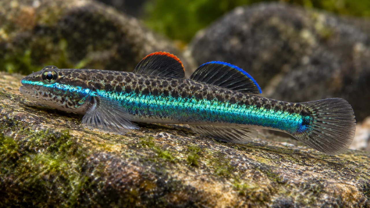 Male Stiphodon atropurpureus showing a blue-green stripe, dark dorsal fins and reddish first-dorsal edge.