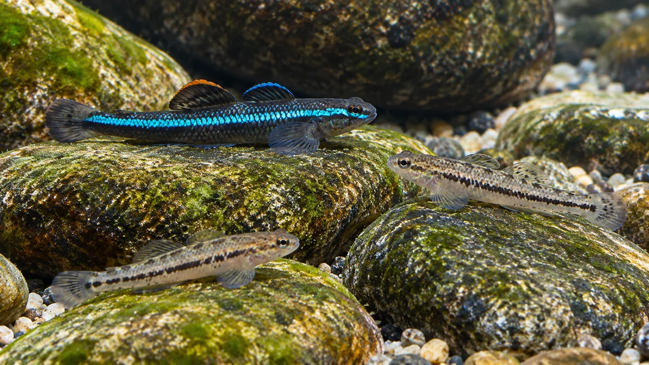 Blue Neon Gobies at separated grazing stones with open routes in a clear aquarium.