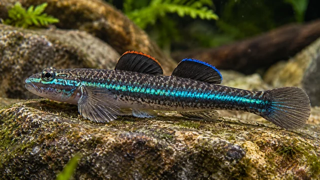Blue Neon Goby showing its identifying shape and markings in a suitable aquarium setting.