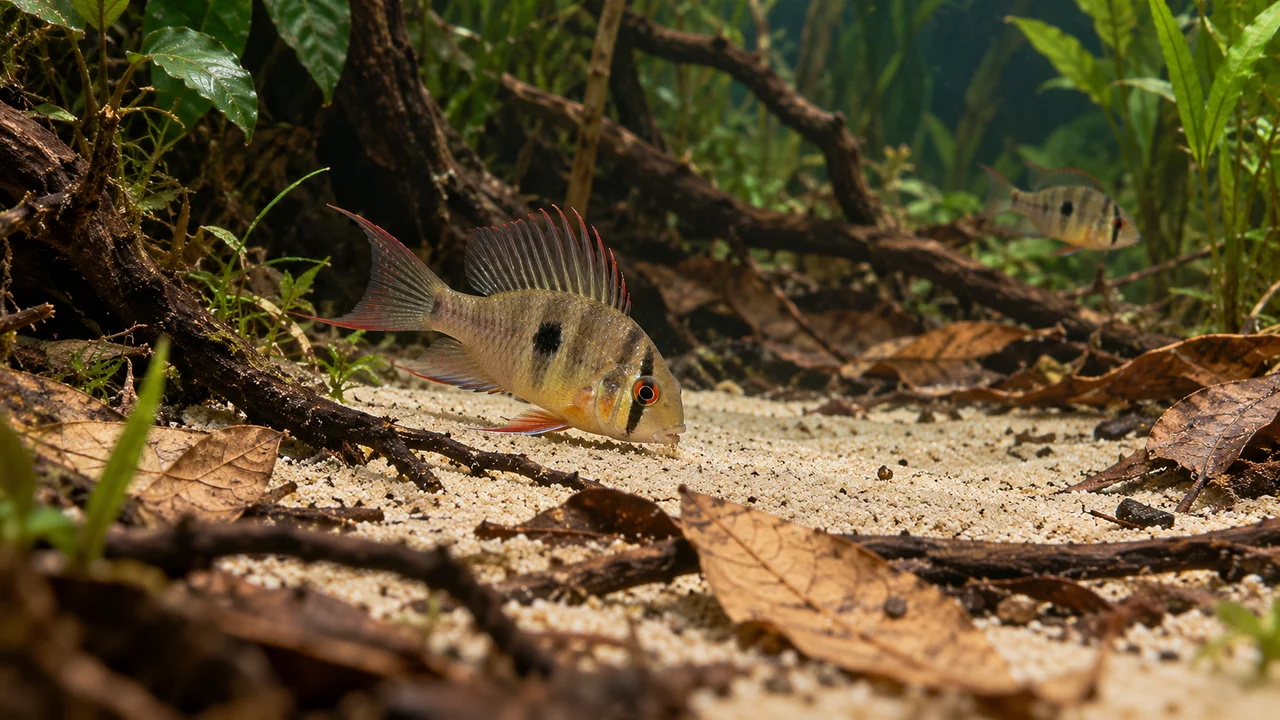 Bolivian ram gently working a fine sand surface beside weathered leaves and low roots.
