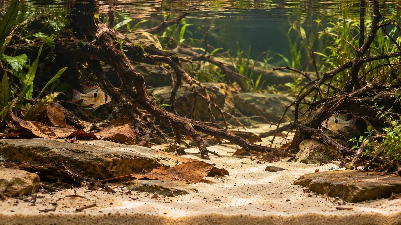 Two Bolivian rams separated by low roots, with open sand, flat stones and accessible routes.