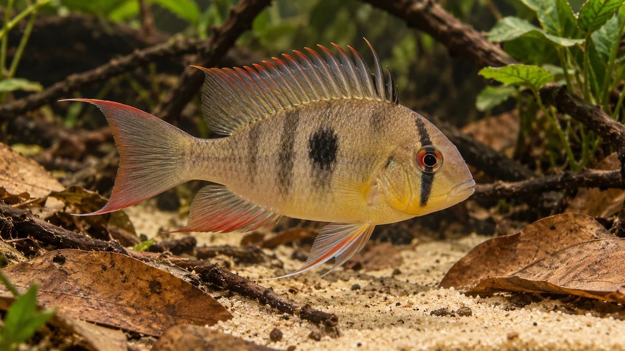 Bolivian Ram showing its identifying shape and markings in a suitable aquarium setting.