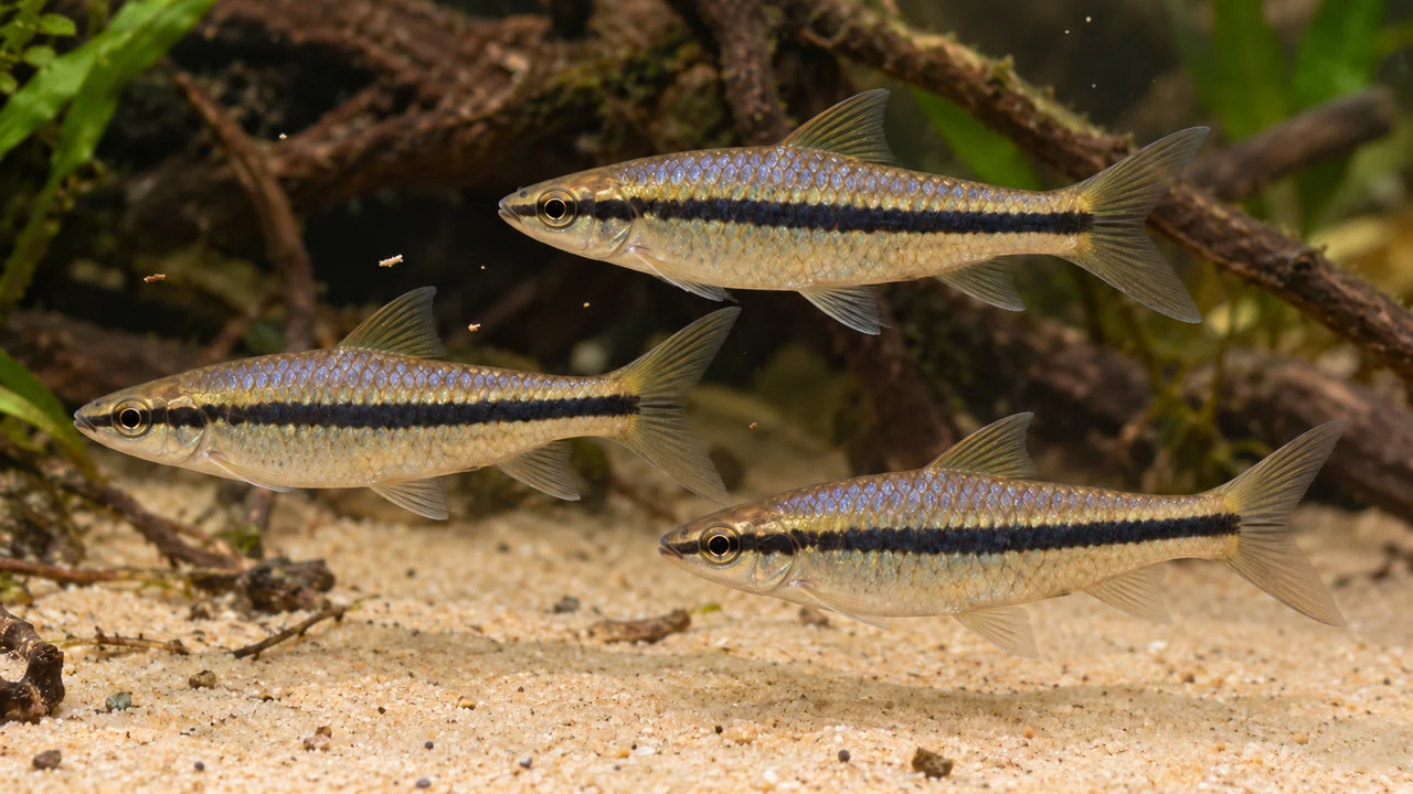 Adult Brilliant Rasboras above open sand beside a root margin, showing their long black flank stripes.