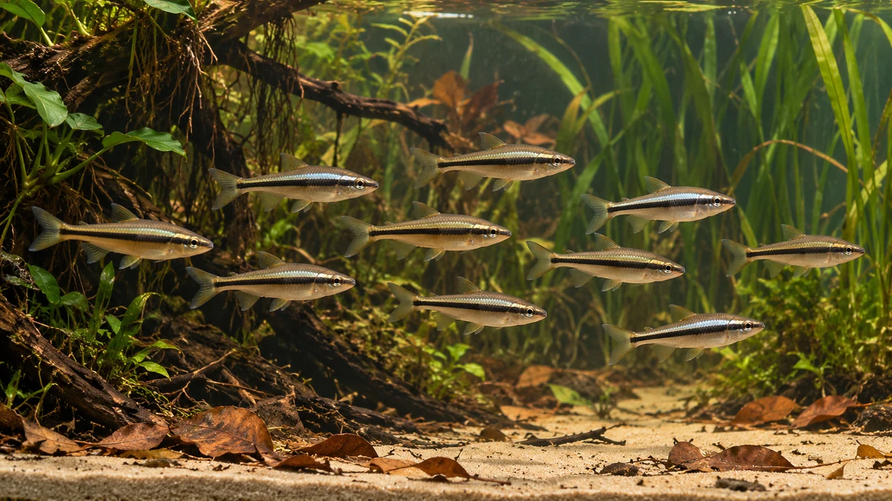 A group of substantial Brilliant Rasboras swimming along a long planted aquarium with marginal roots.