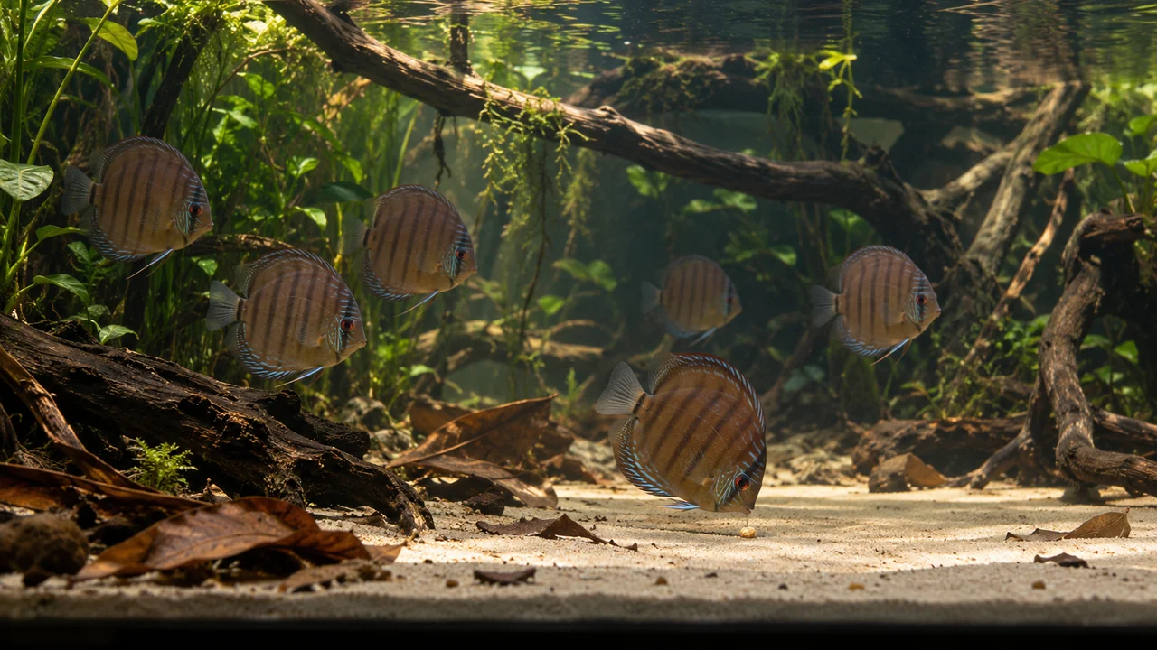 Natural brown discus near a small sinking food portion on open sand, with narrow vertical bars and restrained turquoise markings.