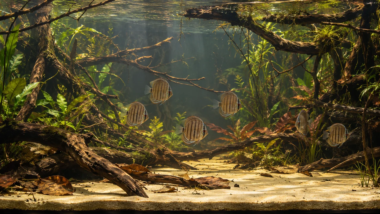 Natural brown discus spaced between branch screens in a large aquarium, with open water and an accessible sand floor.