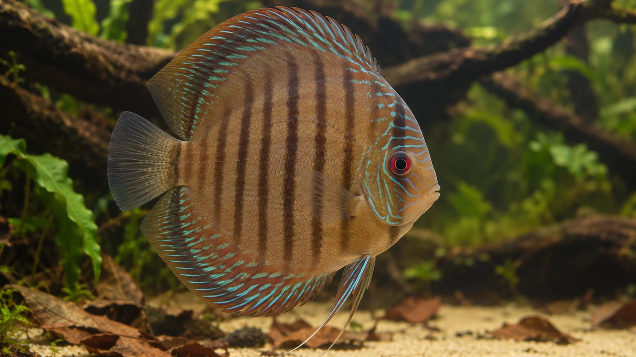 Brown Discus showing its identifying shape and markings in a suitable aquarium setting.