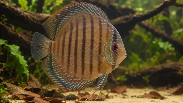 Brown Discus showing its identifying shape and markings in a suitable aquarium setting.