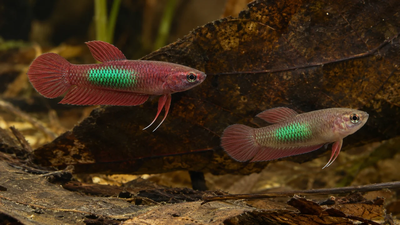 Two Brown’s Bettas with large green side patches, plain red median fins and pale pelvic filament tips.