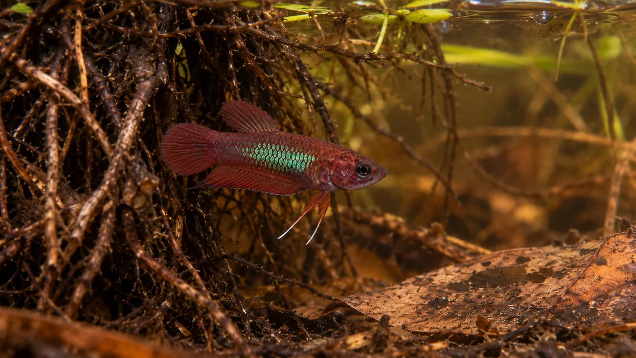 A small Brown’s Betta sheltering beside roots over leaf litter in gently tinted water.