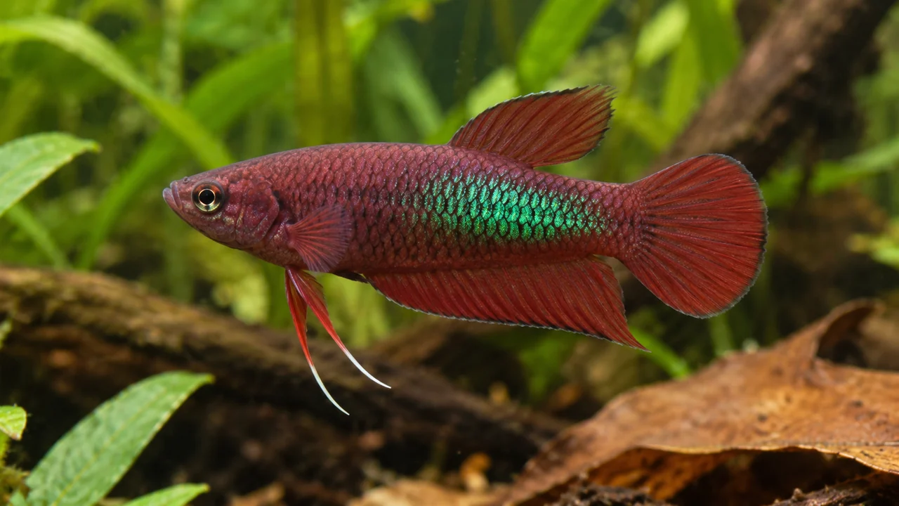 Brown’s Betta showing its identifying shape and markings in a suitable aquarium setting.