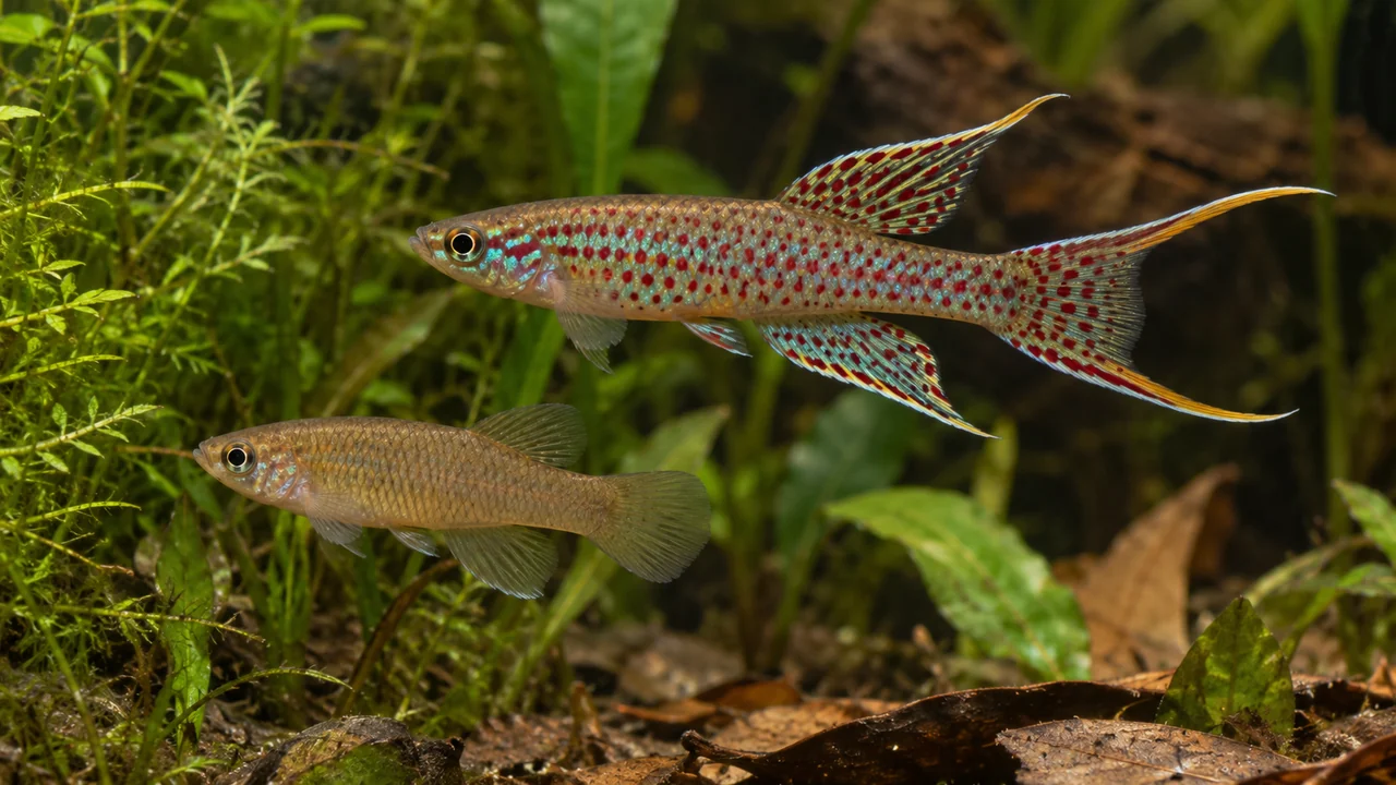A red-spotted brown-form male Cape Lopez Lyretail with two caudal extensions beside a quieter short-finned female.