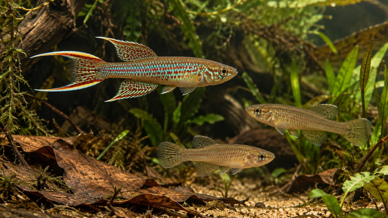 A male and two subdued female Cape Lopez Lyretails separated among fine plants, roots and leaves.