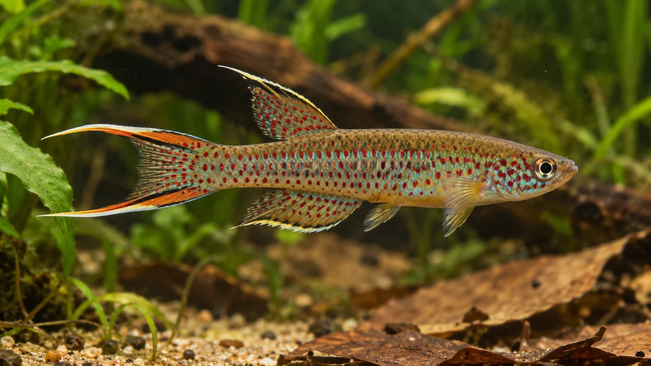 Cape Lopez Lyretail showing its identifying shape and markings in a suitable aquarium setting.