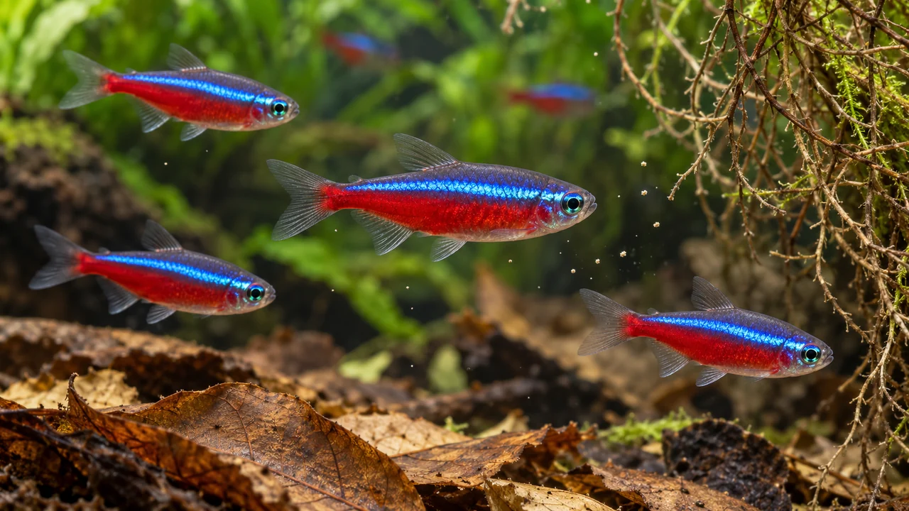 Cardinal tetras approaching fine food particles in midwater beside thin roots.