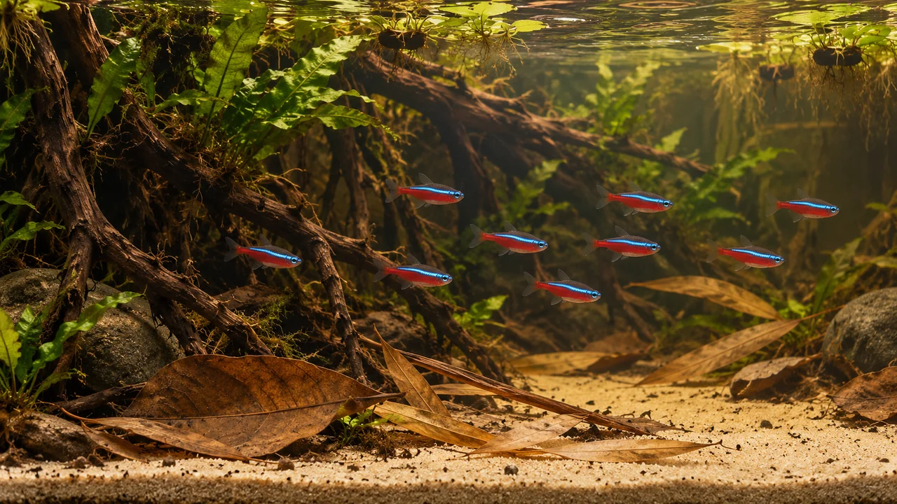 A group of cardinal tetras crossing open water between branching wood and a restrained leaf-covered margin.