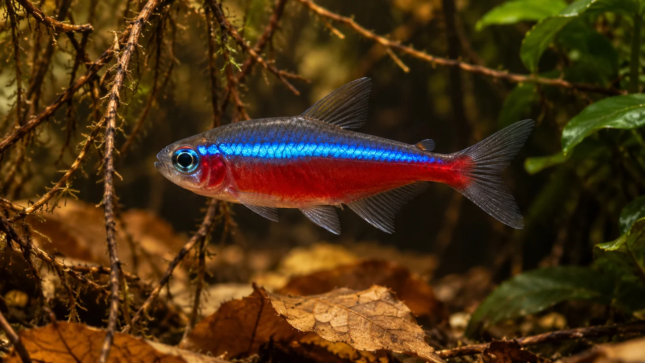 A cardinal tetra with a blue lateral stripe and continuous red lower flank swimming beside fine roots and brown leaves.