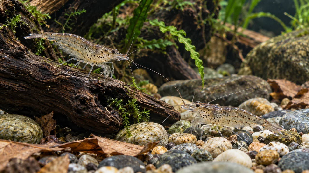 Grey Caridina typus grazing on aged wood and stones beside an open feeding area.