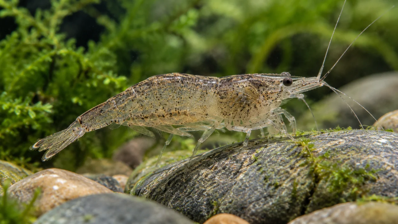 Grey translucent Caridina typus with a short dorsally unarmed rostrum on a mature stone.
